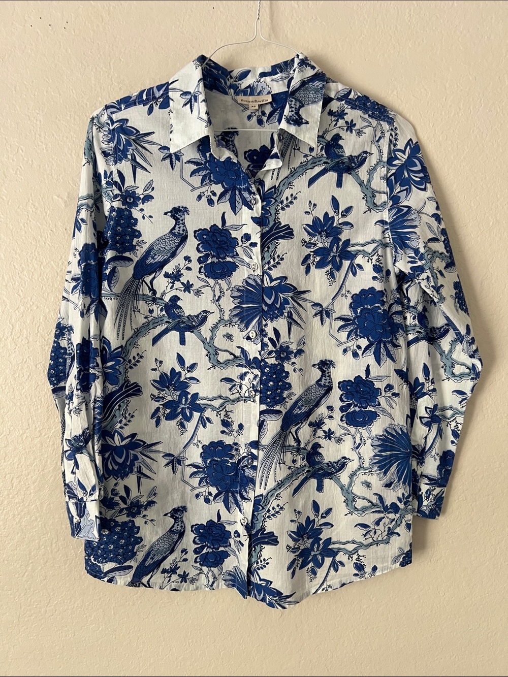 EUC Fitzroy and Willa Russell Shirt Button Down Blue Toile 100% Cotton Size XS